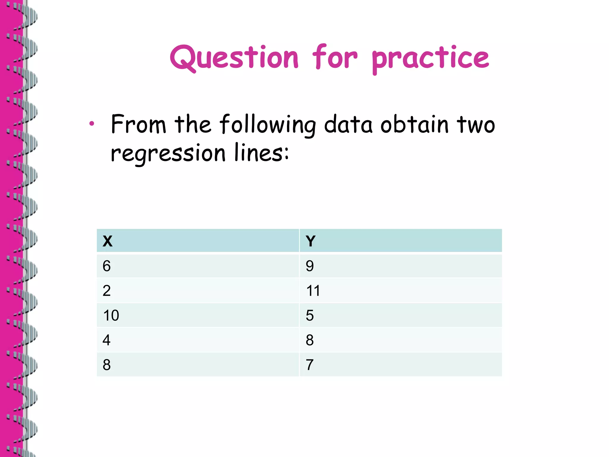 Question for practice 
• From the following data obtain two 
regression lines: 
X Y 
6 9 
2 11 
10 5 
4 8 
8 7 
 