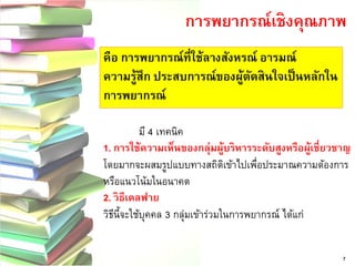 7 
คือ การพยากรณ์ที่ใช้ลางสังหรณ์ อารมณ์ ความรู้สึก ประสบการณ์ของผู้ตัดสินใจเป็นหลักใน การพยากรณ์ 
การพยากรณ์เชิงคุณภาพ 
มี 4 เทคนิค 1. การใช้ความเห็นของกลุ่มผู้บริหารระดับสูงหรือผู้เชี่ยวชาญ 
โดยมากจะผสมรูปแบบทางสถิติเข้าไปเพื่อประมาณความต้องการ หรือแนวโน้มในอนาคต 
2. วิธีเดลฟาย วิธีนี้จะใช้บุคคล 3 กลุ่มเข้าร่วมในการพยากรณ์ ได้แก่  