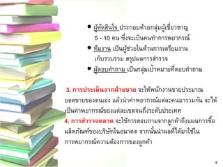  ผู้ตัดสินใจ ประกอบด้วยกลุ่มผู้เชี่ยวชาญ 5 - 10 คน ซึ่งจะเป็นคนทาการพยากรณ์ ทีมงาน เป็นผู้ช่วยในด้านการเตรียมงาน เก็บรวบรวม สรุปผลการสารวจ ผู้ตอบคาถาม เป็นกลุ่มเป้าหมายที่ตอบคาถาม 3. การประเมินจากฝ่ายขาย จะให้พนักงานขายประมาณ ยอดขายของตนเอง แล้วนาค่าพยากรณ์แต่ละคนมารวมกัน จะได้ เป็นค่าพยากรณ์ของแต่ละเขตจนถึงระดับประเทศ 4. การสารวจตลาด จะใช้การสอบถามจากลูกค้าถึงแผนการซื้อ ผลิตภัณฑ์ของบริษัทในอนาคต จากนั้นนาผลที่ได้มาใช้ใน การพยากรณ์ความต้องการของลูกค้า 
8  