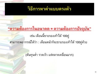 วิธีการหาค่าแบบตรงตัว 
“ความต้องการในอนาคต = ความต้องการปัจจุบัน” 
เช่น เดือนนี้ขายรองเท้าได้ 100คู่ 
สามารถพยากรณ์ได้ว่า : เดือนหน้าก็จะขายรองเท้าได้100คู่ด้วย 
(ต้นทุนต่า รวดเร็ว แต่คลาดเคลื่อนมาก) 
11  