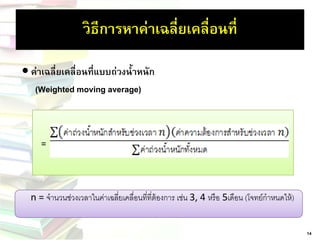 วิธีการหาค่าเฉลี่ยเคลื่อนที่ 
ค่าเฉลี่ยเคลื่อนที่แบบถ่วงน้าหนัก 
(Weighted moving average) 
n = จานวนช่วงเวลาในค่าเฉลี่ยเคลื่อนที่ที่ต้องการ เช่น 3, 4 หรือ5เดือน (โจทย์กาหนดให้) 
= 14  