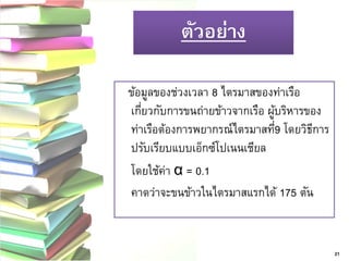 ข้อมูลของช่วงเวลา 8 ไตรมาสของท่าเรือ เกี่ยวกับการขนถ่ายข้าวจากเรือ ผู้บริหารของ ท่าเรือต้องการพยากรณ์ไตรมาสที่9 โดยวิธีการ ปรับเรียบแบบเอ็กซ์โปเนนเชียล 
โดยใช้ค่า α = 0.1 
คาดว่าจะขนข้าวในไตรมาสแรกได้ 175 ตัน 
ตัวอย่าง 
21  