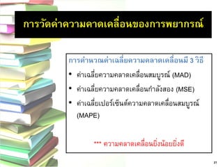การคานวณค่าเฉลี่ยความคลาดเคลื่อนมี 3 วิธี •ค่าเฉลี่ยความคลาดเคลื่อนสมบูรณ์ (MAD) •ค่าเฉลี่ยความคลาดเคลื่อนกาลังสอง(MSE) 
•ค่าเฉลี่ยเปอร์เซ็นต์ความคลาดเคลื่อนสมบูรณ์ (MAPE) 
*** ความคลาดเคลื่อนยิ่งน้อยยิ่งดี 
21 
การวัดค่าความคาดเคลื่อนของการพยากรณ์ 
 