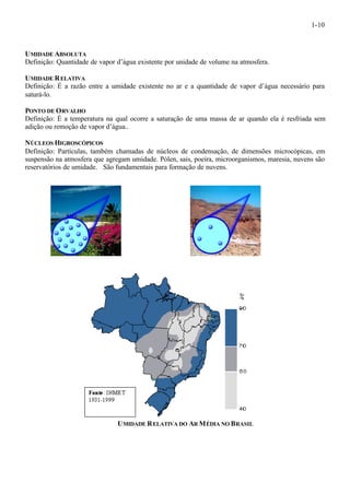 1-10 
UMIDADE ABSOLUTA 
Definição: Quantidade de vapor d’água existente por unidade de volume na atmosfera. 
UMIDADE RELATIVA 
Definição: É a razão entre a umidade existente no ar e a quantidade de vapor d’água necessário para 
saturá-lo. 
PONTO DE ORVALHO 
Definição: É a temperatura na qual ocorre a saturação de uma massa de ar quando ela é resfriada sem 
adição ou remoção de vapor d’água.. 
NÚCLEOS HIGROSCÓPICOS 
Definição: Partículas, também chamadas de núcleos de condensação, de dimensões microcópicas, em 
suspensão na atmosfera que agregam umidade. Pólen, sais, poeira, microorganismos, maresia, nuvens são 
reservatórios de umidade. São fundamentais para formação de nuvens. 
UMIDADE RELATIVA DO AR MÉDIA NO BRASIL 
 