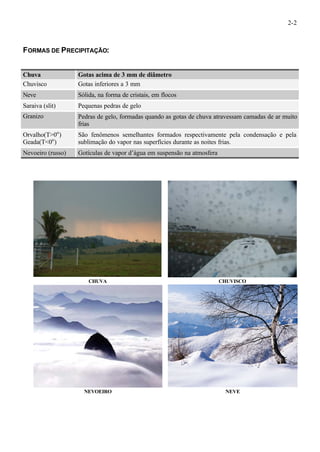 2-2 
FORMAS DE PRECIPITAÇÃO: 
Chuva Gotas acima de 3 mm de diâmetro 
Chuvisco Gotas inferiores a 3 mm 
Neve Sólida, na forma de cristais, em flocos 
Saraiva (slit) Pequenas pedras de gelo 
Granizo Pedras de gelo, formadas quando as gotas de chuva atravessam camadas de ar muito 
frias 
Orvalho(T>0o) 
Geada(T<0o) 
São fenômenos semelhantes formados respectivamente pela condensação e pela 
sublimação do vapor nas superfícies durante as noites frias. 
Nevoeiro (russo) Gotículas de vapor d’água em suspensão na atmosfera 
CHUVA CHUVISCO 
NEVOEIRO NEVE 
 