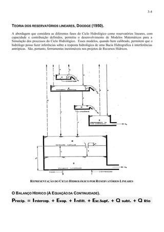 3-4 
TEORIA DOS RESERVATÓRIOS LINEARES, DOODGE (1950). 
A abordagem que considera as diferentes fases do Ciclo Hidrológico como reservatórios lineares, com 
capacidade e contribuição definidos, permitiu o desenvolvimento de Modelos Matemáticos para a 
Simulação dos processos do Ciclo Hidrológico. Esses modelos, quando bem calibrado, permitem que o 
hidrólogo possa fazer inferências sobre a resposta hidrológica de uma Bacia Hidrografica à interferências 
antrópicas. São, portanto, ferrramentas inestimáveis nos projetos de Recursos Hídricos. 
REPRESENTAÇÃO DO CICLO HIDROLÓGICO POR RESERVATÓRIOS LINEARES 
O BALANÇO HÍDRICO (A EQUAÇÃO DA CONTINUIDADE). 
Preciip.. = Inttercep.. + Evap.. + Inffiilltt.. + Essc..Supff. + Q ssubtt. + Q Riio 
 