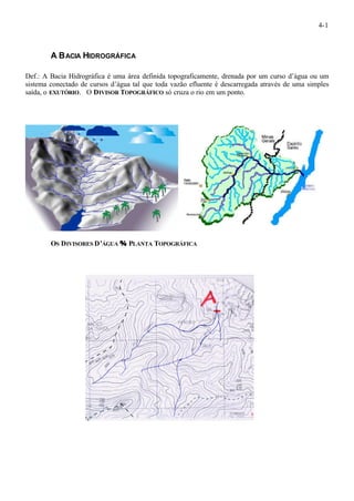 4-1 
A BACIA HIDROGRÁFICA 
Def.: A Bacia Hidrográfica é uma área definida topograficamente, drenada por um curso d’água ou um 
sistema conectado de cursos d’água tal que toda vazão efluente é descarregada através de uma simples 
saída, o EXUTÓRIO. O DIVISOR TOPOGRÁFICO só cruza o rio em um ponto. 
OS DIVISORES D’ÁGUA ¾ PLANTA TOPOGRÁFICA 
 