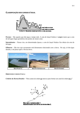 4-4 
CLASSIFICAÇÃO DOS CURSOS D’ÁGUA. 
Perenes – São aqueles que têm água o tempo todo. A cota do lençol freático é sempre maior que a cota 
do talvegue (lugar geométrico dos pontos de menor cota). 
Intermitentes – Nesses rios, em determinadas épocas, a cota do lençol freático fica abaixo da cota do 
talvegue. 
Efêmeros – São rios cujo escoamento está diretamente relacionado com a chuva. Ou seja, só têm água 
durante, e até pouco após o fim da chuva. 
RIO PERENE RIO INTERMITENTE RIO EFÊMERO 
ORDEM DOS CURSOS D’ÁGUA: 
Critério de Horton/Strahler : “Dois canais de ordem n unem-se para formar um canal de ordem n+1.” 
 