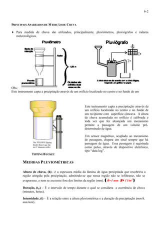 6-2 
PRINCIPAIS APARELHOS DE MEDIÇÃO DE CHUVA 
¨ Para medida de chuva são utilizados, principalmente, pluviômetros, pluviógrafos e radares 
meteorológicos. 
Obs.: 
Este instrumento capta a precipitação através de um orifício localizado no centro e no fundo de um 
TIPPING BUCKET 
Este instrumento capta a precipitação através de 
um orifício localizado no centro e no fundo de 
um recipiente com superfície côncava. A altura 
de chuva acumulada no orifício é calibrada e 
toda vez que for alcançada um mecanismo 
permite a passagem de um volume pré-determinado 
de água. 
Um sensor magnético, acoplado ao mecanismo 
de passagem, dispara um sinal sempre que há 
passagem de água. Essa passagem é registrada 
como pulso, através de dispositivo eletrônico, 
tipo “data-log”. 
MEDIDAS PLUVIOMÉTRICAS 
Altura de chuva, (h)– é a espessura média da lâmina de água precipitada que recobriria a 
região atingida pela precipitação, admitindo-se que nessa região não se infiltrasse, não se 
evaporasse, e nem se escoasse fora dos limites da região (mm). ( h=1 mm Þ 1 l/m2 )) 
Duração, (td) – É o intervalo de tempo durante o qual se considera a ocorrência de chuva 
(minutos, horas). 
Intensidade, (i) – É a relação entre a altura pluviométrica e a duração da precipitação (mm/h, 
mm/min). 
 