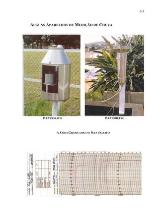 6-3 
ALGUNS APARELHOS DE MEDIÇÃO DE CHUVA 
PLUVIÓGRAFO PLUVIÔMETRO 
A SAÍDA GRÁFICA DE UM PLUVIÓGRAFO 
 