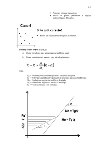 6-8 
· Possíveis erros de transcrição; 
· Talvez os postos pertençam a regiões 
meteorológicas diferentes. 
Não está correto! 
· Postos em regiões meteorológicas diferentes. 
CORREÇÃO DOS DADOS (CASO 2): 
a) Passar os valores mais antigos para a tendência atual. 
b) Passar os dados mais recentes para a tendência antiga. 
( * ) 
M 
P = P + - 
c a P P 
o a 
a 
o 
M 
onde: 
Pc = Precipitação acumulada ajustada à tendência desejada. 
Pa 
* = Valor da ordenada correspondente à interseção das duas tendências. 
Ma = Coeficiente angular da tendência desejada. 
Mo = Coeficiente angular da tendência a corrigir. 
Po = Valor acumulado a ser corrigido. 
 