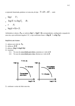 8-2 
a expressão linearizada, podemos ver uma reta, do tipo Y = B- AX ; onde: 
· logi Þ Y ; 
· log K a.logT B; R+ Þ 
· c Þ A; 
· log (t +b)= X. 
Atribuindo-se valores a TR, as variáveis log i e log(t + b), correspondentes, configurarão a equação de 
uma reta, cujo coeficiente angular é “c”, e cujo coeficiente linear é (log K + a log TR). 
SEQÜÊNCIA DE PASSOS: 
1) adota-se um valor de TR, 
2) arbitra-se b=0 
3) plota-se (log i x log(t+b)) 
4) examinar: 
4.1) No caso de concavidade para baixo, aumenta-se o valor de b. 
4.2) No caso de concavidade para cima, diminui-se o valor de b. 
5) continuar a variar até obter uma reta. 
 