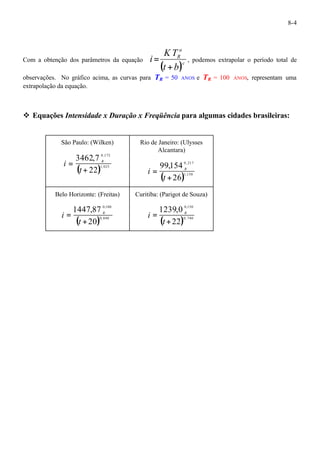 8-4 
a 
R 
KT 
= , podemos extrapolar o período total de 
Com a obtenção dos parâmetros da equação ( t b 
)c 
i 
+ 
observações. No gráfico acima, as curvas para TR = 50 ANOS e TR = 100 ANOS, representam uma 
extrapolação da equação. 
v Equações Intensidade x Duração x Freqüência para algumas cidades brasileiras: 
São Paulo: (Wilken) 
0 ,172 
3462,7 
+ 
i R 
( 22 
)1, 025 
= 
t 
Rio de Janeiro: (Ulysses 
Alcantara) 
0 ,217 
99,154 
+ 
i R 
( 26 
)1,150 
= 
t 
Belo Horizonte: (Freitas) 
0,100 
1447,87 
+ 
i R 
( 20 
)0,840 
= 
t 
Curitiba: (Parigot de Souza) 
0,150 
1239,0 
+ 
i R 
( 22 
)0, 740 
= 
t 
 