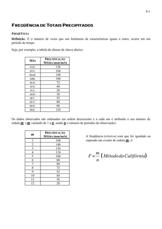 9-1 
FREQÜÊNCIIA DE TOTAIIS PRECIIPIITADOS 
FREQÜÊNCIA 
Definição: É o número de vezes que um fenômeno de características iguais a outro, ocorre em um 
período de tempo. 
Seja, por exemplo, a tabela de alturas de chuva abaixo: 
MÊS PRECIPITAÇÃO 
MÉDIA (mm/mês) 
JAN. 136 
FEV. 168 
MAR. 148 
ABR. 104 
MAI. 72 
JUN. 44 
JUL. 28 
AGO. 36 
SET. 52 
OUT. 80 
NOV. 88 
DEZ. 124 
Os dados observados são ordenados em ordem decrescente e a cada um é atribuído o seu número de 
ordem m ( m variando de 1 a n, sendo n o número de períodos de observação). 
m PRECIPITAÇÃO 
MÉDIA (mm/mês) 
1 168 
2 148 
3 136 
4 124 
5 104 
6 88 
7 80 
8 72 
9 52 
10 44 
11 36 
12 28 
A freqüência (relativa) com que foi igualado ou 
superado um evento de ordem m, é: 
m 
(MétododaCalifórnia) 
n 
F = 
 
