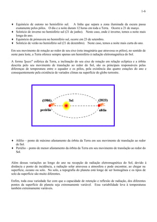 1-6 
¨ Equinócio de outono no hemisfério sul. A linha que separa a zona iluminada da escura passa 
exatamente pelos pólos. O dia e a noite duram 12 horas em toda a Terra. Ocorre a 21 de março. 
¨ Solstício de inverno no hemisfério sul (21 de junho). Neste caso, onde é inverno, temos a noite mais 
longa do ano. 
¨ Equinócio de primavera no hemisfério sul, ocorre em 23 de setembro. 
¨ Solstício de verão no hemisfério sul (21 de dezembro). Neste caso, temos a noite mais curta do ano. 
Em seu movimento de rotação ao redor de seu eixo (reta imaginária que atravessa os pólos), no sentido de 
oeste para leste, a Terra oferece sempre apenas um hemisfério à radiação eletromagnética do Sol. 
A forma "quasi" esférica da Terra, a inclinação do seu eixo de rotação em relação eclíptica e a órbita 
descrita pelo seu movimento de translação ao redor do Sol, são os principais responsáveis pelas 
diferenças de temperatura entre o equador e os pólos, pela existência das quatro estações do ano e 
consequentemente pela existência de variados climas na superfície do globo terrestre. 
¨ Afélio – ponto de máximo afastamento da órbita da Terra em seu movimento de translação ao redor 
do Sol. 
¨ Periélio – ponto de menor afastamento da órbita da Terra em seu movimento de translação ao redor do 
Sol. 
Além dessas variações ao longo do ano na recepção de radiação eletromagnética do Sol, devido à 
distância e ponto de incidência, a radiação solar atravessa a atmosfera e pode encontrar, ao chegar na 
superfície, oceano ou solo. No solo, a topografia do planeta está longe de ser homogênea e os tipos de 
solo da superfície são muito diferentes. 
Enfim, toda essa variedade faz com que a capacidade de retenção e reflexão de radiação, dos diferentes 
pontos da superfície do planeta seja extremamente variável. Essa variabilidade leva à temperaturas 
também extremamente variáveis. 
 