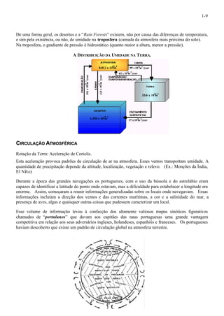 1-9 
De uma forma geral, os desertos e a “Rain Forests” existem, não por causa das diferenças de temperatura, 
e sim pela existência, ou não, de umidade na troposfera (camada da atmosfera mais próxima do solo). 
Na troposfera, o gradiente de pressão é hidrostático (quanto maior a altura, menor a pressão). 
A DISTRIBUIÇÃO DA UMIDADE NA TERRA. 
CIRCULAÇÃO ATMOSFÉRICA 
Rotação da Terra: Aceleração de Coriolis. 
Esta aceleração provoca padrões de circulação de ar na atmosfera. Esses ventos transportam umidade. A 
quantidade de precipitação depende da altitude, localização, vegetação e relevo. (Ex.: Monções da Índia, 
El Niño) 
Durante a época das grandes navegações os portugueses, com o uso da bússola e do astrolábio eram 
capazes de identificar a latitude do ponto onde estavam, mas a dificuldade para estabelecer a longitude era 
enorme. Assim, começaram a reunir informações generalizadas sobre os locais onde navegavam. Essas 
informações incluíam a direção dos ventos e das correntes marítimas, a cor e a salinidade do mar, a 
presença de aves, algas e quaisquer outras coisas que pudessem caracterizar um local. 
Esse volume de informação levou à confecção dos altamente valiosos mapas sinóticos figurativos 
chamados de “portulanos” que davam aos capitães das naus portuguesas uma grande vantagem 
competitiva em relação aos seus adversários ingleses, holandeses, espanhóis e franceses. Os portugueses 
haviam descoberto que existe um padrão de circulação global na atmosfera terrestre. 
 