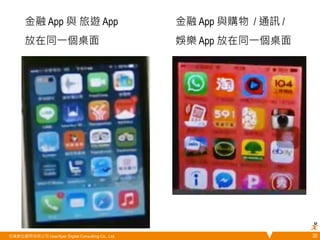 金融 App 與 旅遊 App 
放在同一個桌面 
金融 App 與購物 / 通訊 / 
娛樂 App 放在同一個桌面 
悠識數位顧問有限公司 UserXper Digital Consulting Co., Ltd. 30 
 