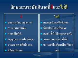 บรรษัทภิบาล 
12 
ลักษณะบรรษัทภิบาลที่ดีและไม่ดี 
ดี 
บุคลากรมีความสามารถ 
การทางานเป็นทีม 
ความเป็นผู้นา 
วิญญาณความเป็นเจ้าของ 
ประสบการณ์ที่เพียงพอ 
มีทักษะในงาน 
ไม่ดี 
การแยกอานาจไม่ชัดเจน 
มีผลประโยชน์ที่ขัดกัน 
ออกคาสั่งไม่มีเหตุผลรองรับ 
วัฒนธรรมองค์การไม่มี 
ความภักดีองค์การมีระดับต่า 
ฯลฯ  