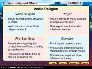 Ancient India and China Section 1 
Vedic Religion 
Vedic Religion 
• Vedas consist mostly of hymns 
in praise 
• We know much about Vedic 
religion as result 
Fire Sacrifices 
• People worshipped gods 
through fire sacrifices, chanting 
sacred hymns 
• Priests offered food, drink by 
placing on roaring fire 
Prayer 
• People prayed to many aspects 
of single eternal spirit 
• One aspect was Indra, who 
ruled over heaven 
Complex 
• Rituals grew more complex 
• Priests said order in universe 
maintained only through rituals 
• Brahmin varna gained more 
influence in society 
 