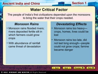Ancient India and China Section 1 
Water Critical Factor 
The people of India’s first civilizations depended upon the monsoons 
to bring the water that their crops needed. 
Monsoon Rains 
• Monsoon rains flooded rivers; 
rivers deposited fertile silt in 
which farmers could grow 
crops 
• With abundance of rainfall 
came threat of devastation 
Devastating Effects 
• Monsoon rains too heavy— 
crops, homes, lives could be 
lost 
• Monsoon rains too late, did 
not last long enough—people 
could not grow crops; famine 
became danger 
 