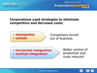 Chapter 25 Section 1 
Corporations used strategies to eliminate 
competition and decrease costs. 
The Cold War Begins 
13 2 
The Rise of Big Business 
• monopolies 
• cartels 
Competitors forced 
out of business 
• horizontal integration 
• vertical integration 
Better control of 
production and 
costs reduced 
 