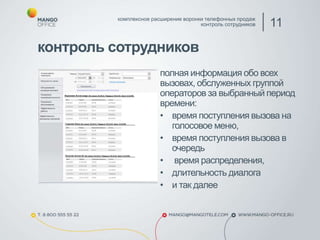 контроль сотрудников
комплексное расширение воронки телефонных продаж
контроль сотрудников 11
полная информация обо всех
вызовах, обслуженных группой
операторов за выбранный период
времени:
• время поступления вызова на
голосовое меню,
• время поступления вызова в
очередь
• время распределения,
• длительность диалога
• и так далее
 