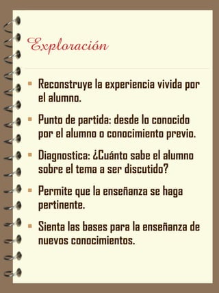Exploración 
•Reconstruye la experiencia vivida por el alumno. 
•Punto de partida: desde lo conocido por el alumno o conocimiento previo. 
•Diagnostica: ¿Cuánto sabe el alumno sobre el tema a ser discutido? 
•Permite que la enseñanza se haga pertinente. 
•Sienta las bases para la enseñanza de nuevos conocimientos.  