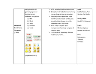 Langkah 2 
Gerak Kerja 
Kumpulan 
(7 minit) 
Pilih perkataan dan 
gambar yang sesuai 
berkaitan emosi. 
Perkataan dan gambar: 
a) Malu 
b) Marah 
c) Sedih 
d) Gembira 
e) Takut 
(Rujuk Lampiran 2) 
1. Murid dibahagikan kepada 4 kumpulan. 
2. Setiap kumpulan diberikan sampul yang 
mengandungi gambar dan perkataan. 
3. Setiap kumpulan dikehendaki untuk 
memilih perkataan serta gambar yang 
sesuai berkaitan dengan emosi dan 
melekatkannya di kad manila. 
4. Wakil setiap kumpulan akan 
mempamerkan hasil kerja kumpulan di 
hadapan kelas. 
5. Guru dan murid berbincang berkaitan 
hasil kerja kumpulan. 
BBM; 
Kad Perkataan, Kad 
Gambar, Kad Manila 
Strategi P&P : 
Kaedah Perbincangan 
KBKK: 
Membandingbeza 
pelbagai jenis emosi 
Nilai: 
Bekerjasama 
Yakin diri 
Berusaha 
 