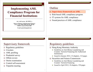 Implementing AML
Compliance Program for
Financial Institutions
Dr. LAM Yat-fai (林日辉博士林日辉博士林日辉博士林日辉博士)
Doctor of Business Administration (Finance)
CFA, CAIA, FRM, PRM, MCSE, MCNE
PRMIA Award of Merit 2005
E-mail: quanrisk@gmail.com
2
Outline
Supervisory framework on AML
Risk-based AML compliance program
IT systems for AML compliance
Sound practices of AML compliance
3
Supervisory framework
Regulatory guidelines
Circulars
AML profiling
Prudential survey
Offsite review
Onsite examination
Control self-assessment
Tripartite meeting
4
Regulatory guidelines
Hong Kong Monetary Authority
Guideline on Anti-Money Laundering and
Counter- Terrorist Financing (for Authorized
Institutions)
Issued in January 2012, 12 chapters, 112 pages
Securities and Futures Commission
Guideline on Anti-Money Laundering and
Counter- Terrorist Financing
Issued in April 2012, 10 chapters, 130 pages
 