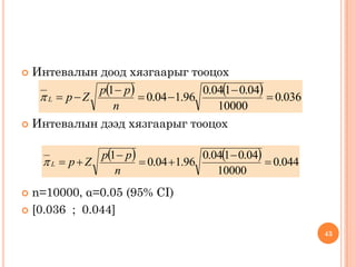  Интевалын доод хязгаарыг тооцох 
 Интевалын дээд хязгаарыг тооцох 
 n=10000, α=0.05 (95% CI) 
 [0.036 ; 0.044] 
    
0.036 
10000 
0.041 0.04 
0.04 1.96 
1 
 
 
  
 
  
n 
p p 
 L p Z 
    
0.044 
10000 
0.041 0.04 
0.04 1.96 
1 
 
 
  
 
  
n 
p p 
 L p Z 
43 
 