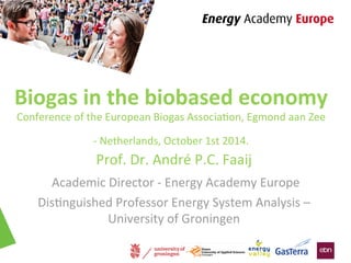 Biogas 
in 
the 
biobased 
economy 
Conference 
of 
the 
European 
Biogas 
Associa4on, 
Egmond 
aan 
Zee 
-­‐ 
Netherlands, 
October 
1st 
2014. 
Prof. 
Dr. 
André 
P.C. 
Faaij 
Academic 
Director 
-­‐ 
Energy 
Academy 
Europe 
Dis4nguished 
Professor 
Energy 
System 
Analysis 
– 
University 
of 
Groningen 
 