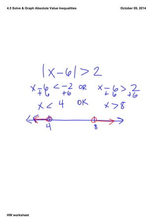 4.5 Solve & Graph Absolute Value Inequalities
HW worksheet
October 09, 2014
 