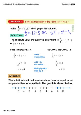4.5 Solve & Graph Absolute Value Inequalities
HW worksheet
October 09, 2014
 