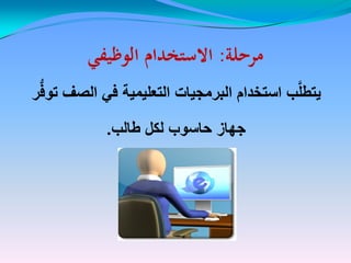 ‫مرحلة‬‫مرحلة‬::‫الوظيفي‬ ‫الستخدام‬‫الوظيفي‬ ‫الستخدام‬
‫ر‬ُّ‫ف‬‫تو‬ ‫الصف‬ ً‫ف‬ ‫التعلٌمٌة‬ ‫البرمجٌات‬ ‫استخدام‬ ‫ب‬َّ‫ل‬‫ٌتط‬‫ر‬ُّ‫ف‬‫تو‬ ‫الصف‬ ً‫ف‬ ‫التعلٌمٌة‬ ‫البرمجٌات‬ ‫استخدام‬ ‫ب‬َّ‫ل‬‫ٌتط‬
‫طالب‬ ‫لكل‬ ‫حاسوب‬ ‫جهاز‬‫طالب‬ ‫لكل‬ ‫حاسوب‬ ‫جهاز‬..
 