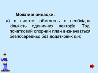 Можливі випадки:
а) в системі обмежень є необхідна
кількість одиничних векторів. Тоді
початковий опорний план визначається
безпосередньо без додаткових дій;
.
 
