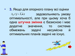 • 3. Якщо для опорного плану всі оцінки
задовольняють умову
оптимальності, але при цьому хоча б
одна штучна змінна є базисною і має
додатне
обмежень
значення, то система
задачі несумісна й
оптимальних планів задачі не існує.
j ( j  1,n )
.
 