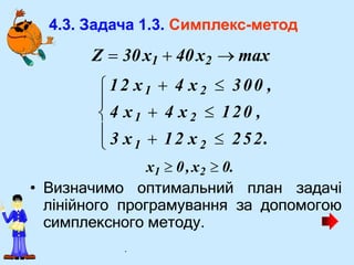 4.3. Задача 1.3. Симплекс-метод
Z  30x1  40x2  max


 252.
 3 x  12 x
1 2
 4 x1  4 x 2  120 ,
12 x1  4 x 2  300 ,
x1  0,x2  0.
• Визначимо оптимальний план задачі
лінійного програмування за допомогою
симплексного методу.
.
 
