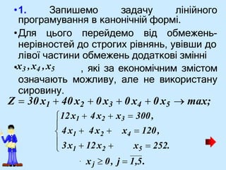 .
•1. Запишемо задачу лінійного
програмування в канонічній формі.
•Для цього перейдемо від обмежень-
нерівностей до строгих рівнянь, увівши до
лівої частини обмежень додаткові змінні
, які за економічним змістом
•x3 ,x4 ,x5

 3x  12x
 x  120,
 x  252.
 4x  4x
 1 2 5
4
1 2
означають можливу, але не використану
сировину.
Z  30 x1  40 x2  0 x3  0 x4  0 x5  max;
12x1  4x2  x3  300,
xj  0, j  1,5.
 