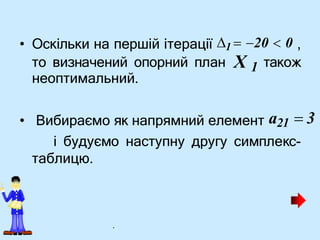 • Оскільки на першій ітерації 1  20  0 ,
то визначений опорний план X 1 також
неоптимальний.
• Вибираємо як напрямний елемент a21  3
і будуємо наступну другу симплекс-
таблицю.
•
.
 