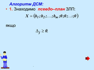 Алгоритм ДСМ:
• 1. Знаходимо псевдо–план ЗЛП:
X  b1 ;b2 ;…;bm ;0;0;…,;0
якщо
j  0.
.
 