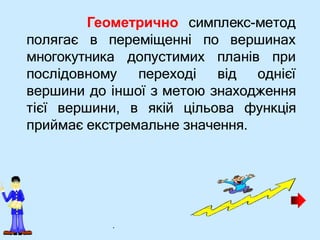 Геометрично симплекс-метод
полягає в переміщенні по вершинах
многокутника
послідовному
допустимих планів при
переході від однієї
вершини до іншої з метою знаходження
тієї вершини, в якій цільова функція
приймає екстремальне значення.
.
 