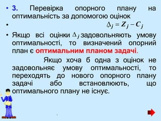 • 3. Перевірка опорного плану на
оптимальність за допомогою оцінок
• 
. j  Z j  C j
• Якщо всі оцінки  j задовольняють умову
оптимальності, то визначений опорний
план є оптимальним планом задачі.
Якщо хоча б одна з оцінок не
задовольняє умову оптимальності, то
переходять до нового опорного плану
задачі або встановлюють, що
оптимального плану не існує.
.
 