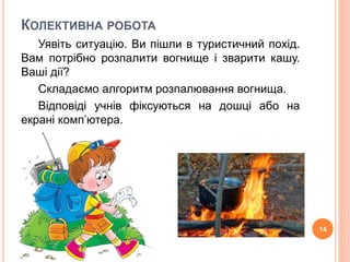 КОЛЕКТИВНА РОБОТА 
Уявіть ситуацію. Ви пішли в туристичний похід. 
Вам потрібно розпалити вогнище і зварити кашу. 
Ваші дії? 
Складаємо алгоритм розпалювання вогнища. 
Відповіді учнів фіксуються на дошці або на 
екрані комп’ютера. 
14 
 