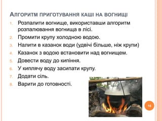 АЛГОРИТМ ПРИГОТУВАННЯ КАШІ НА ВОГНИЩІ 
1. Розпалити вогнище, використавши алгоритм 
розпалювання вогнища в лісі. 
2. Промити крупу холодною водою. 
3. Налити в казанок води (удвічі більше, ніж крупи) 
4. Казанок з водою встановити над вогнищем. 
5. Довести воду до кипіння. 
6. У киплячу воду засипати крупу. 
7. Додати сіль. 
8. Варити до готовності. 
16 
 