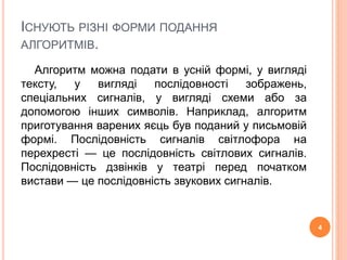 ІСНУЮТЬ РІЗНІ ФОРМИ ПОДАННЯ 
АЛГОРИТМІВ. 
Алгоритм можна подати в усній формі, у вигляді 
тексту, у вигляді послідовності зображень, 
спеціальних сигналів, у вигляді схеми або за 
допомогою інших символів. Наприклад, алгоритм 
приготування варених яєць був поданий у письмовій 
формі. Послідовність сигналів світлофора на 
перехресті — це послідовність світлових сигналів. 
Послідовність дзвінків у театрі перед початком 
вистави — це послідовність звукових сигналів. 
4 
 