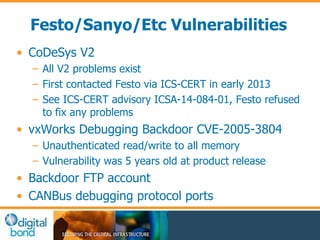 Festo/Sanyo/Etc Vulnerabilities 
• CoDeSys V2 
– All V2 problems exist 
– First contacted Festo via ICS-CERT in early 2013...