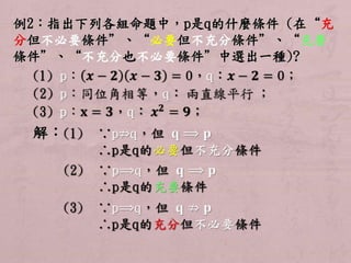 例2：指出下列各組命題中，p是q的什麼條件(在“充 
分但不必要條件”、“必要但不充分條件”、“充要 
條件”、“不充分也不必要條件”中選出一種)? 
解： 
 