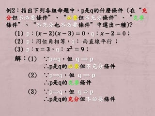 例2：指出下列各組命題中，p是q的什麼條件(在“充 
分但不必要條件”、“必要但不充分條件”、“充要 
條件”、“不充分也不必要條件”中選出一種)? 
(1) p： 풙 − ퟐ 풙 − ퟑ = 0，q：풙 − ퟐ = 0； 
(2) p：同位角相等，q： 兩直線平行； 
(3) p：퐱 = ퟑ，q： 풙ퟐ = ퟗ； 
解：(1) ∵p⇏q，但퐪 ⟹ 퐩 
∴p是q的必要但不充分條件 
(2) ∵p⟹q，但퐪 ⟹ 퐩 
∴p是q的充要條件 
(3) ∵p⟹q，但퐪 ⇏ 퐩 
∴p是q的充分但不必要條件 
 