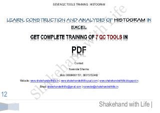SEVEN QC TOOLS TRAINING: HISTOGRAM 
Shakehand with Life | 
12 
Contact 
Narender Sharma 
Mob: 08684861131, 09315132462 
Website: www.shakehandwithlife.in | www.shakehandwithlife.puzl.com | www.shakehandwithlife.blogspot.in 
Email: shakehandwithlife@gmail.com | narender@shakehandwithlife.in 
