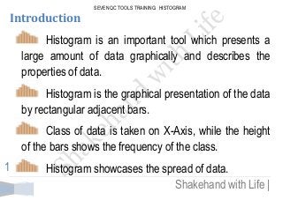 SEVEN QC TOOLS TRAINING: HISTOGRAM 
Shakehand with Life | 
1 
Introduction Histogram is an important tool which presents a large amount of data graphically and describes the properties of data. Histogram is the graphical presentation of the data by rectangular adjacent bars. Class of data is taken on X-Axis, while the height of the bars shows the frequency of the class. Histogram showcases the spread of data.  